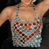 Maxbell Metal Sequins Tank Top Backless Womens Halter Vest for Club Festival Beach