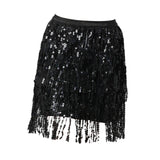 Maxbell Sequin Tassel Skirt Boho Fashion Sequins Fringe Skirt for Party Rave Women L Black