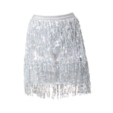 Maxbell Sequin Tassel Skirt Boho Fashion Sequins Fringe Skirt for Party Rave Women M Argent