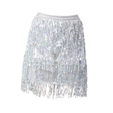 Maxbell Sequin Tassel Skirt Boho Fashion Sequins Fringe Skirt for Party Rave Women M Argent