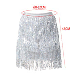 Maxbell Sequin Tassel Skirt Boho Fashion Sequins Fringe Skirt for Party Rave Women M Argent