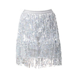 Maxbell Sequin Tassel Skirt Boho Fashion Sequins Fringe Skirt for Party Rave Women L Argent