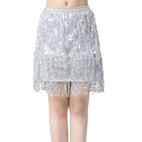 Maxbell Sequin Tassel Skirt Boho Fashion Sequins Fringe Skirt for Party Rave Women L Argent
