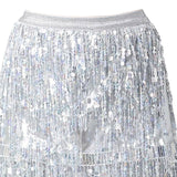 Maxbell Sequin Tassel Skirt Boho Fashion Sequins Fringe Skirt for Party Rave Women L Argent
