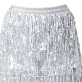 Maxbell Sequin Tassel Skirt Boho Fashion Sequins Fringe Skirt for Party Rave Women XL Argent