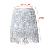 Maxbell Sequin Tassel Skirt Boho Fashion Sequins Fringe Skirt for Party Rave Women XL Argent