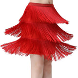Maxbell Three Layers Tassels Latin Dance Skirt Soft Girl Dancewear for Samba Rumba Party Red Medium
