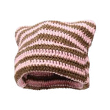 Maxbell Crochet Hat Knitted Cap Slouchy Photo Props Female Striped Warm Headgear Pink and Coffee