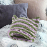 Maxbell Crochet Hat Knitted Cap Slouchy Photo Props Female Striped Warm Headgear Violet and Green