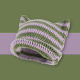 Maxbell Crochet Hat Knitted Cap Slouchy Photo Props Female Striped Warm Headgear Violet and Green