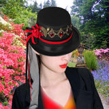 Maxbell Unisex Steampunk Top Hat with Tulle Gothic Red Rose Fedora for Party Cosplay for Head 60-61cm