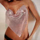 Maxbell Women Metal Sequin Tank Backless Glitter Sparkling Shiny for Rave Party Wear Rose Aureate