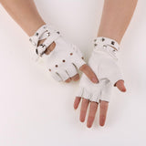 Maxbell Leather Fingerless Gloves with Belt up Closure for Driving Outdoor Sports White