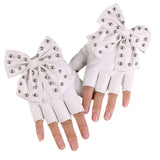 Maxbell Women PU Leather Fingerless Gloves Punk Rivets Gloves for Cosplay Dancing White