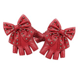 Maxbell Women PU Leather Fingerless Gloves Punk Rivets Gloves for Cosplay Dancing Red