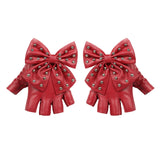 Maxbell Women PU Leather Fingerless Gloves Punk Rivets Gloves for Cosplay Dancing Red