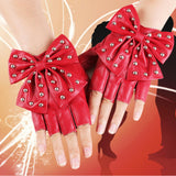 Maxbell Women PU Leather Fingerless Gloves Punk Rivets Gloves for Cosplay Dancing Red