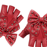 Maxbell Women PU Leather Fingerless Gloves Punk Rivets Gloves for Cosplay Dancing Red