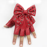Maxbell Women PU Leather Fingerless Gloves Punk Rivets Gloves for Cosplay Dancing Red