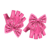 Maxbell Women PU Leather Fingerless Gloves Punk Rivets Gloves for Cosplay Dancing Pink
