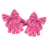 Maxbell Women PU Leather Fingerless Gloves Punk Rivets Gloves for Cosplay Dancing Pink