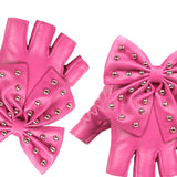 Maxbell Women PU Leather Fingerless Gloves Punk Rivets Gloves for Cosplay Dancing Pink