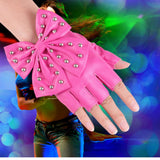 Maxbell Women PU Leather Fingerless Gloves Punk Rivets Gloves for Cosplay Dancing Pink
