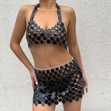 Maxbell Shiny Sequin Crop Tops Halter Tops Clothes Bralette Stage Performance Beach Length 90cm to 105cm Black