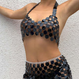 Maxbell Shiny Sequin Crop Tops Halter Tops Clothes Bralette Stage Performance Beach Length 90cm to 105cm Black