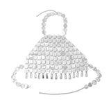 Maxbell Shiny Sequin Crop Tops Halter Tops Clothes Bralette Stage Performance Beach Length 83cm to 108cm White
