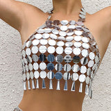 Maxbell Shiny Sequin Crop Tops Halter Tops Clothes Bralette Stage Performance Beach Length 83cm to 108cm White