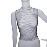 Maxbell Mesh Crop Sleeveless Hollow Out for Festival Rave Dance Summer Black Round Neck