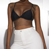 Maxbell Mesh Crop Sleeveless Hollow Out for Festival Rave Dance Summer Black Round Neck