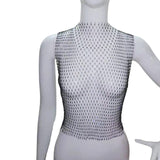 Maxbell Mesh Crop Sleeveless Hollow Out for Festival Rave Dance Summer Black Round Neck
