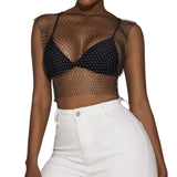 Maxbell Mesh Crop Sleeveless Hollow Out for Festival Rave Dance Summer Black Round Neck