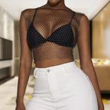 Maxbell Mesh Crop Sleeveless Hollow Out for Festival Rave Dance Summer Black Round Neck
