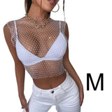 Maxbell Mesh Crop Sleeveless Hollow Out for Festival Rave Dance Summer White Round Neck