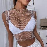 Maxbell Mesh Crop Sleeveless Hollow Out for Festival Rave Dance Summer White Round Neck