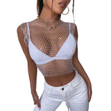 Maxbell Mesh Crop Sleeveless Hollow Out for Festival Rave Dance Summer White Round Neck