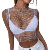 Maxbell Mesh Crop Sleeveless Hollow Out for Festival Rave Dance Summer White Round Neck