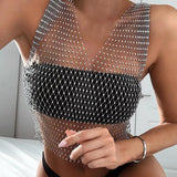 Maxbell Mesh Crop Sleeveless Hollow Out for Festival Rave Dance Summer Black V Neck