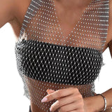 Maxbell Mesh Crop Sleeveless Hollow Out for Festival Rave Dance Summer Black V Neck