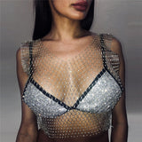 Maxbell Mesh Crop Sleeveless Hollow Out for Festival Rave Dance Summer White V Neck