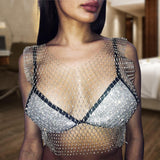 Maxbell Mesh Crop Sleeveless Hollow Out for Festival Rave Dance Summer White V Neck