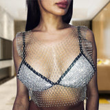 Maxbell Mesh Crop Sleeveless Hollow Out for Festival Rave Dance Summer White V Neck