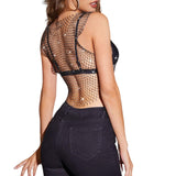 Maxbell Mesh Crop Sleeveless Hollow Out for Festival Rave Dance Summer Black AB V Neck