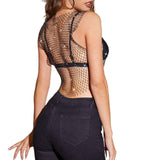 Maxbell Mesh Crop Sleeveless Hollow Out for Festival Rave Dance Summer Black AB V Neck