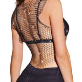 Maxbell Mesh Crop Sleeveless Hollow Out for Festival Rave Dance Summer Black AB V Neck