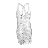 Maxbell Women Sequined Spaghetti Straps Dress Sequin Decorative Open Back for Club Argent