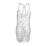 Maxbell Women Sequined Spaghetti Straps Dress Sequin Decorative Open Back for Club Argent